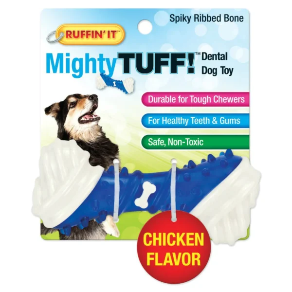 Ruffin' It Mighty Tuff Spikey Ribbed Bone Dog Toy Chicken Flavor